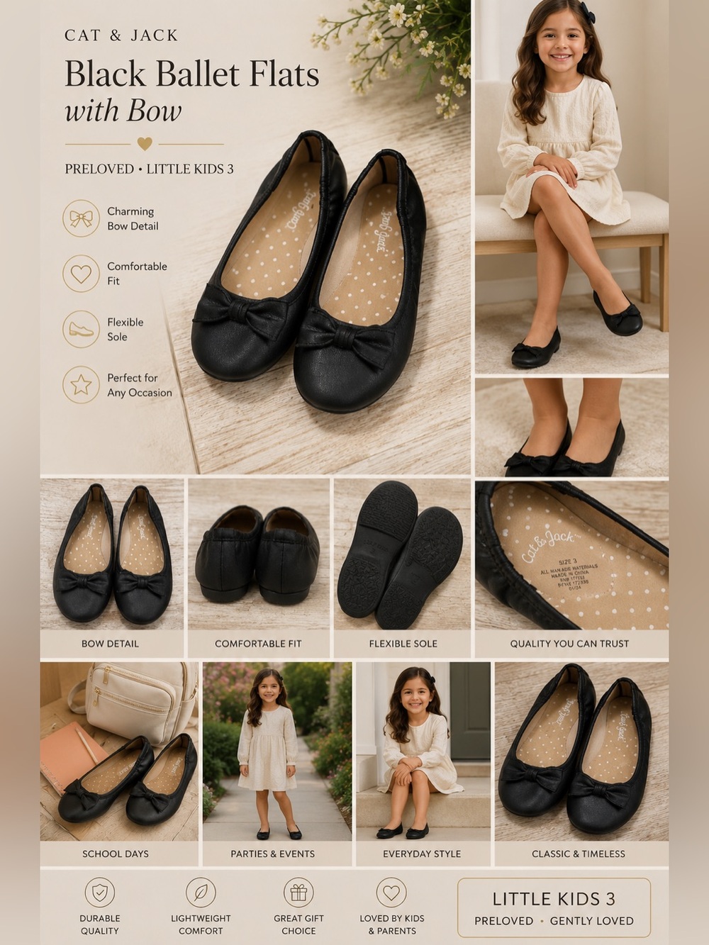 Cat & Jack Black Ballet Flats with Bow Preloved Little Kids 3